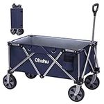 Ohuhu Foldable Trolley Cart on Wheels 145L 100kg Capacity, Festival Trolley Folding Wagon Camping Trolley Heavy Duty with Adjustable Handle Drink Holders for Beach Garden Camping Shopping, Blue