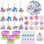 Tazimi 110 PCS Roller Skate Party Favors Skating Party Supplies with Key Chains Button Pins Stickers Rubber Bracelets for Hip Hop Disco 80s 90s Themed Party (Style 1)