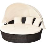 DORTALA Patio Wicker Daybed, Round Sectional Sofa Set with Retractable Canopy, Cushions & Pillows, Adjustable Coffee Table, Outdoor PE Rattan Furniture Set for Backyard Porch Poolside, Off White