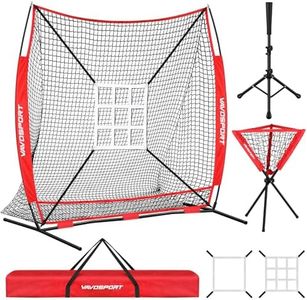 7x7 ft Baseball & Softball Practice Net - Large Ball Collection System for Batting, Hitting, Pitching, Portable Baseball Training Equipment with 2 Strike Zone, Batting Tee, Ball Caddy, Carry Bag, Red