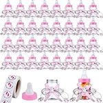 62 Pcs 3.5 Inch Baby Mini Milk Bottle Baby Shower Favor with 500 Adhesive Thank You for Showering Stickers, Small Plastic Bear Candy Bottle with Ribbon DIY Gift for Boy Girl Newborn Baptism Party Decor (Pink)