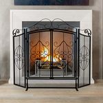 POWLAB 45 x 33Inch Large Free Standing Fireplace Screen 3 Panel Foldable Wrought Iron Decorative Fireguards Fireplace Cover with Magnetic Hinged Doors for Fireplace Wood Burning Metal Mesh Fire Spark