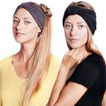 BLOM Headband Two Pack. Women’s Headbands for Yoga Fashion Workout Sports Athletic Exercise. Wide Sweat Wicking Stretchy. Happy Head Guarantee Style & Quality. (Black + Charcoal)