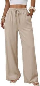 Duyang Womens Cotton Linen Palazzo Pants Drawstring Elastic Waist Casual Wide Leg Trousers with Pockets(Khaki,XS)