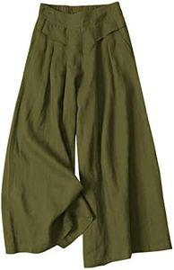 Gihuo Women' s Culottes Linen Blend Wide Leg Pants Elastic Waist Casual Palazzo Trousers with Pockets Capris, Army, Small