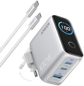 Anker Nano Caricatore USB C 100W, GaN a 3 Porte e Ultra Compatto, Display Intelligente e Controllo Touch, per iPhone 17 Pro Max/16/15, Samsung S25 Ultra, MacBook Air/Pro, e Altri (USB C Cavo Iincluso)