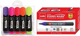 Cello Hi-Lighter (Pack Of 5, Vivid Colors - Yellow, Pink, Peach, Orange And Purple) & Mark Chisel Permanent Marker - Pack Of 10 (Black) |