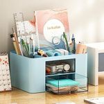 Amazon Brand - Umi Multi-functional Desk Organiser with 5 Compartments & 2 Drawer Desktop Office Supplies Stationery Storage Box Cosmetic Organizer for Pens Staplers Clips Sticky Notes - Blue