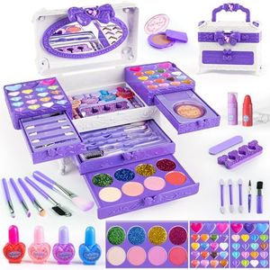 GORISPI Kids Makeup Sets for Girls, 66pcs Real Cosmetic for Kids Toys with Mirror, Princess Washable Girls Makeup Kit, Non-Toxic & Safe Brithday Gifts for 3 4 5 6 7 8 10 - 12 Years Old（Light Purple）