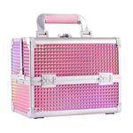 Joligrace Makeup Box Vanity Case Cosmetic Organiser Box Beauty Storage Train Case with Mirror, Lockable with Keys, Holographic Pink