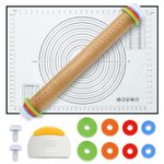 BEWOS Wooden Rolling Pin for Baking, Dough Roller with Silicone Baking Mat and Dough Scraper, Adjustable Thickness Rings for Dough, Pizza, Cookies, Pies, Pastries and Pasta (17.1-inch)