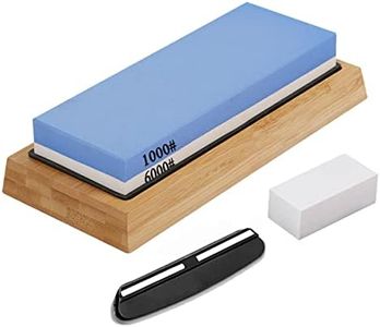 Whetstone Knife Sharpening Stone kit, Double Side Whetstone Sharpener 1000 6000 with Non-Slip Bamboo Base Flattening Stone and Angle Guide for Chef Knife, Kitchen Knife, Hunting Knife