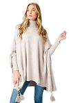 Zaif & Hari Women Ladies Hi Neck Batwing Tassels Poncho Fine Knitted Winter Shawl Jumper Top One Size Fits 10-28 (One Size 8-28, Beige)