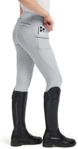 FitsT4 Sports Girls Horse Riding Pants Full Seat Silicone Girls Equestrian Pants Stretchy Kids Breeches Riding Tights Pockets LightGrey L
