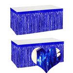 2 Packs 9 Ft x 2.4 Ft Foil Fringe Table Skirt Garland Metallic Tinsel Backdrop Banner for Baby Shower Banquet Parade Floats Trailer Mardi Gras Birthday Wedding Christmas Party New Years Eve Decor Blue