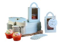 mudrit Individual Cupcake Boxes, Single Cupcake Containers, Cupcake Carriers with Handle, Clear Window, Insert Trays, Tags and Jute Twine (Blue, 50pcs)