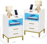 YITAHOME Nightstand with Charging Station and LED Lights, End Side Table with 2 Drawers, Modern Bedside Table for Bedroom with USB Ports and Outlets, Open Storage, White