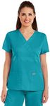 Grey's Anatomy Women's Junior Fit 3 Pocket Mock Wrap Scrub Top, Ceil Blue, Small