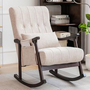 COCO DESIGN Rocking Chair Indoor, Nursery Upholstered Rocking Chair Indoor for Living Room, Modern Glider Rocker w/Pillow＆Side Pocket, High Back Padded Seat Side Armchair for Old Man(Sand)