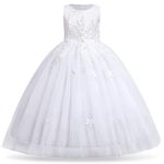 Flower Girls Dress Floral Embroidered Sleeveless Wedding Bridesmaid Birthday Party Dresses Kids Princess Pageant Gown First Communion Evening Long Dress Prom Ball for Girls #White 9-10 Years