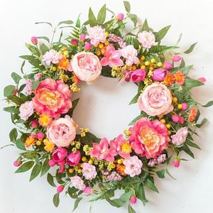 ChamBay Vibrant Spring Wreaths for Front Door, 24 Inch Spring Wreath with Pink Peony Tulip Orchid, Artificial Flower Floral Decor for Front Entry Door Wall Window, Summer Decorations Indoor Outdoor