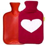 AQUAPAPA Large 1/2 Gallon Classic Non toxic Natural Rubber Hot Water Bottle with Big Heart Red Knit Cover 2 Liters