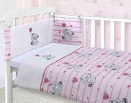 CnA Stores Pink Hearts Teddy Bear Girls Cot Bed Baby Bale Bedding Set Cot 100% Cotton Cot Quilt and Fitted Sheet, Pink / White