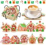 10 Pcs Christmas Gingerbread House Diamond Art Coasters Kits Candy Cabin Diamond Art Coasters with Holder Gingerbread House Coasters for Beginners Adults and Kids Art Craft Supplies Gift