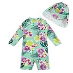 upandfast Baby Girl One Piece Swimsuit with Sun Hat Infant Swimwear Bathing Suits with Snap Bottom (Green Flower, 6-9 Months)