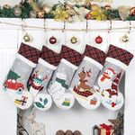 LUBOT Set of 5 Christmas Stockings (20inch) Embroidered Linen Applique Gray Burlap Buffalo Red Plaid with Soft Faux Fur Fireplace Hanging for Family Decorations