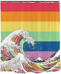 Ofat Home LGBTQ Pride Shower Curtains with Hooks, Artistic Japanese The Great Wave Painting Rainbow Bathroom Decor, No Liner Needed Washable, Heavy Weighted Fabric 150gsm, 72"x72"