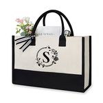 TOPDesign Personalized Initial Jute/Canvas Beach Bag, Monogrammed Gift Tote Bag for Women, Black & White, 17" x 11.8" x 7.8", Circle S