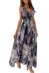 Joligiao Summer Dresses for Women UK Sleeveless Floral Print Sundress V Neck Long Summer Maxi Dress Casual Loose Beach Dress Wrap Adjustable Swing Tank Beach Dress Blue XXL