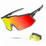 Excoutsty Polarized Sports Sunglasses for Men Women,UV400 Windproof Baseball Cycling Sunglasses with 3 Interchangeable Lenses (Black Red)