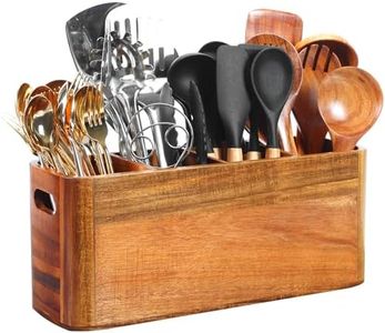 Kitchen Utensil Holder for Counter or Countertop, Extra Large Acacia Wood Organizer with 4 Compartments, Wooden Storage for Cooking and Silverware, Rustic Minimalist Decor, Sturdy Utensil Crock
