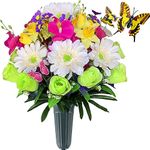 HENOMO Cemetery Flower with Vase for Grave, Artificial Headstone Flower - Rose Mum, Daffodil Mix Arrangement, Colorful Memorial Bouquet with Vivid Butterfly, Non-Bleed Color and Easy Fit