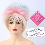 Bettecos Blonde Weird Costume Wig for Women with 4pcs Facial Graffiti Stickers Blonde wig with Pink Blue Highlights Synthetic Hair Short Crazy Spiky Doll Cosplay Wigs for Adult Halloween Movie Party