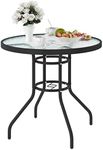 SogesHome 31 Inch Round Tempered Glass Patio Dining Table Patio Table Coffee Table Dining Bistro Table, for Outdoor Garden Balcony Backyard Poolside Lawn, with Umbrella Hole, Black