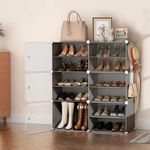 AYSIS Upgraded Shoe Rack for Home Plastic, Portable Shoe Rack with Dustproof Door for Heels/Slippers/Boots, 12-Layer Shoe Storage Cabinet with Hooks for Entryway or Bedroom - Grey