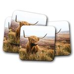 4 Set - Funny Highland Cow Coaster - Cattle Scotland Wild Fun Animal #15755