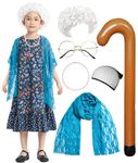 IKALI Granny Costume Kids, Girls Old Lady Fancy Dress Outfit for Carnival Party World Book Day with Necklaces Glasses Wigs Scarves Inflatable Walking Stick 4-6Years