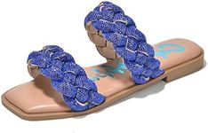 Cape Robbin Mana Braided Sandals for Women: Women Flat Rhinestone-Embellished Two Strap Braided Slides, Stylish Braided Strap Sandals for Women - Blue Size 10