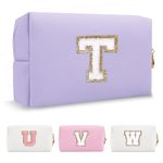 Personalized Makeup Bag Initial A-Z Preppy Patch Bag,Small PU Leather Travel Cosmetic Bag Pouch with Zipper,Purple Cute Toiletry Bag,Gift Ideal for Teen Girls Women Birthday Friend Mom,Latter T