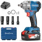 Dong Cheng 20V Cordless Impact Wrench, Max Torque 488N.m (360 ft-lbs), 1/2 inch with 3 Mode Speed, 2400 RPM Brushless Impact Gun, Includes 4.0Ah Battery, Charger, 4 Impact Sockets and Storage Box