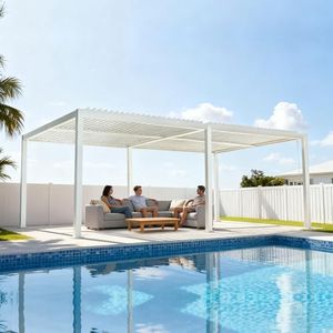 Kozyard 12ft x 20ft Outdoor Louvered Pergola Sun Shade Aluminum Pergola Rainproof Gazebo with Adjustable Roof for Outdoor Deck Patio Garden Yard (White)