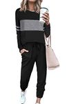 PRETTYGARDEN Women's Color Block 2 Piece Tracksuit Crewneck Long Sleeve Tops Long Sweatpants Outfits Lounge Sets(Black,Small)