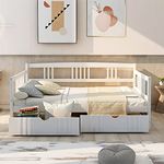 Full Size Daybed with Storage Drawers, Wood Daybed Frame with 2 Drawers, for Kids Teens Guests. No Box Spring Needed, Bedroom Living Room Furniture (White)
