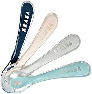 BEABA Toddler’s Self Feeding Silicone Spoons, Toddler Spoons, Toddler Utensils, Baby Essentials, Baby Must Haves, 4 Pack Baby Spoon Gift Set, (Drizzle)