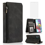 Compatible with Samsung Galaxy A51 4G Wallet Case Tempered Glass Screen Protector Zipper Leather Flip Cover Card Holder Stand Cell Phone for Glaxay A 51 Gaxaly M40S 51A A515F S51 Women Men Black