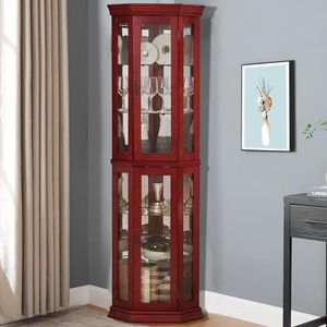 Plturdke China Cabinets with Glass Doors, Glass Display with Lights, Corner Wine Cabinet with Adjustable Shelves